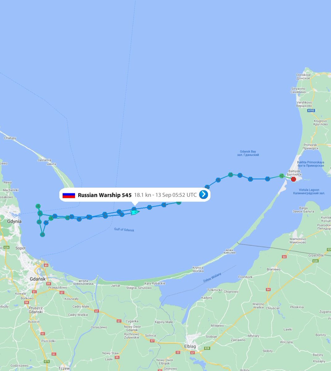 Apparently an another case of AIS-spoofing of Russian warships' positions in the proximity of maritime borders of NATO members.  It happens in time when a number of warships of the Baltic Fleet are at sea and holding drills within the framework of Zapad-21