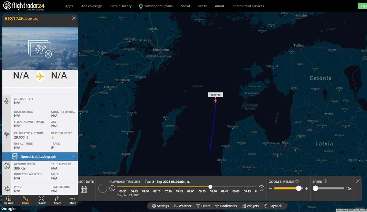 RuAF Sukhoi Su-35S (Reg. RF-81746, hex 1B3F52) fighter jet appeared on FR24 today during the course of its flight over the Baltic Sea (presumably an escort of Russian strategic bombers)