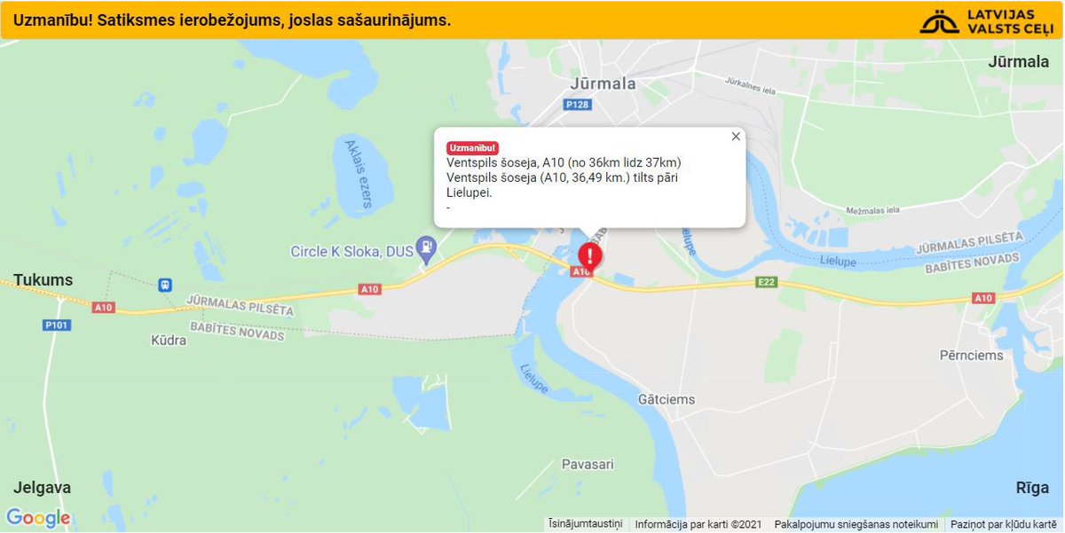 Construction Bridge over the Lielupe on the Ventspils highway (A10, in the direction of Riga, a seam damage has been found. Traffic restrictions have been introduced, the lane has been narrowed with guide posts. Be careful