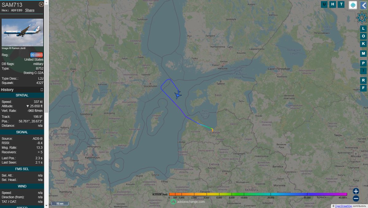USAF C32A SAM713 (U.S. Secretary of State Antony Blinken) holding over the Baltic Sea