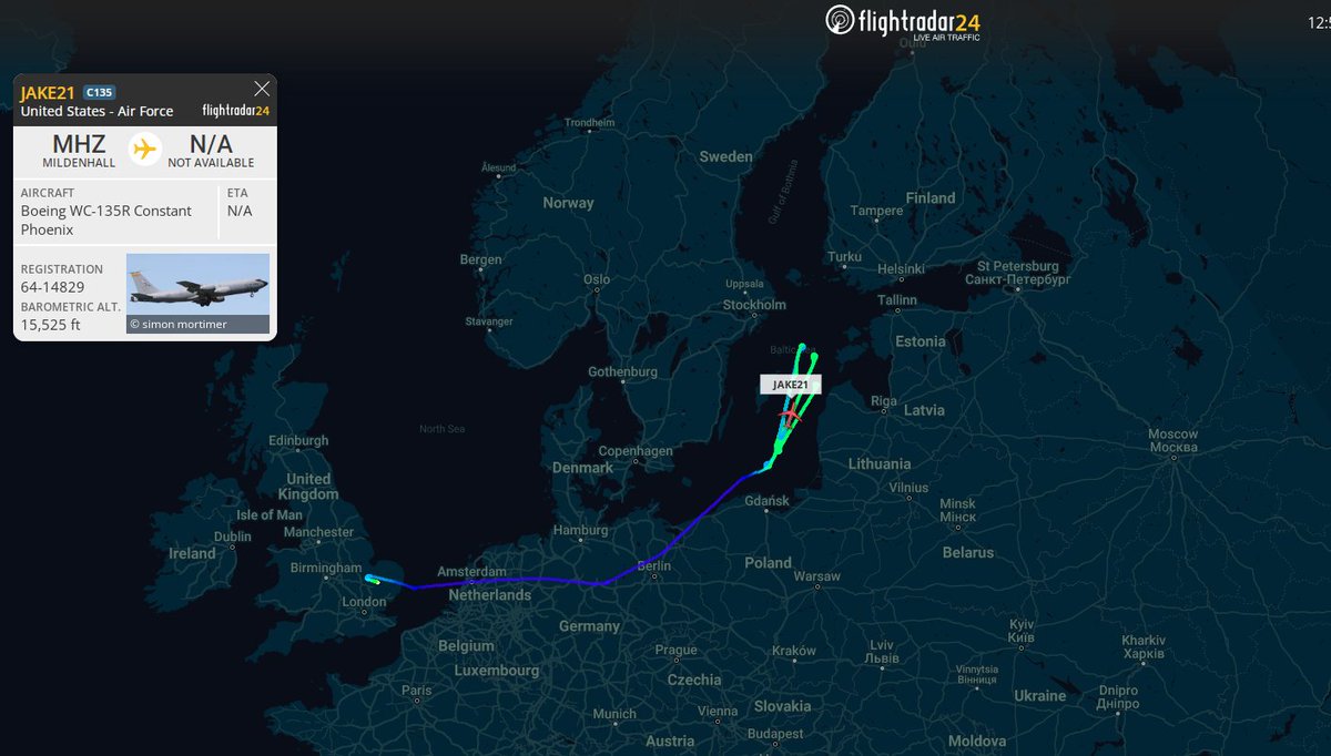 USAF Boeing WC-135R Constant Phoenix nuke sniffer JAKE21/64-14829 (AE048D) from RAF Mildenhall is currently conducing an interesting and somewhat unusual mission over the Baltic Sea