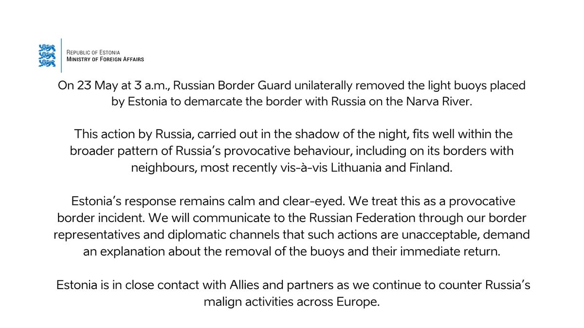 بیانیه وزارت امور خارجه استونی در خصوص حادثه مرزی امشب در مرز استونی و روسیه در رودخانه ناروا