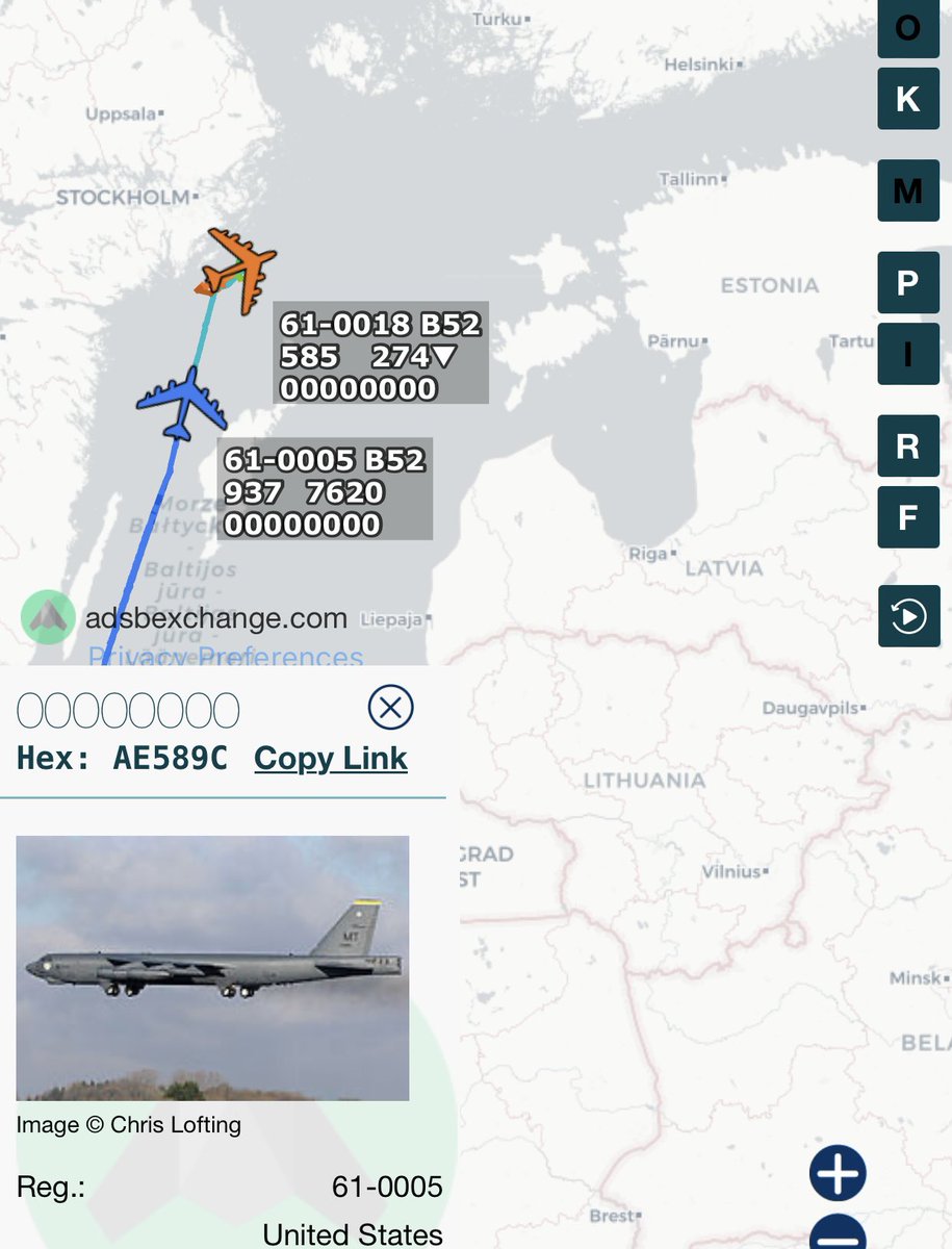 61-0018 - AE58A7 and 61-0005 - AE589C: Two B-52s from RAF Fairford flying over Baltic Sea