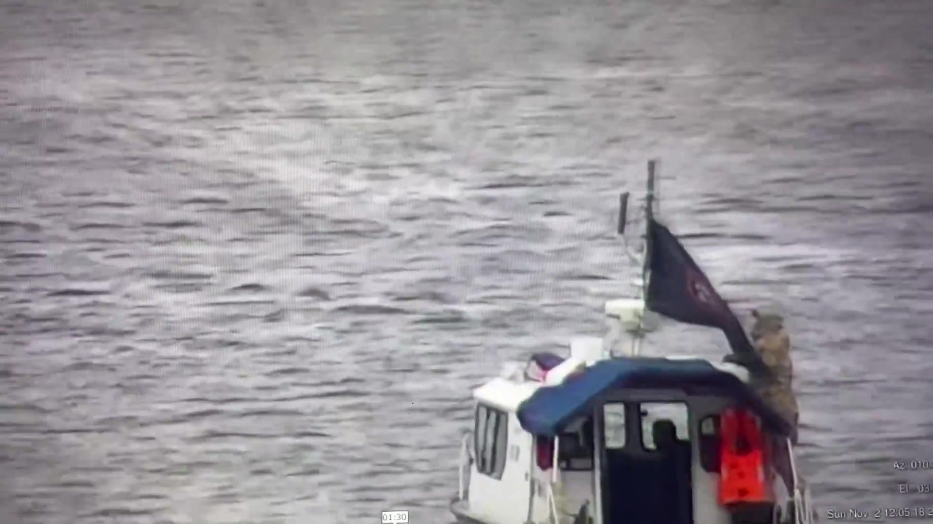 Video published by Ministry of Foreign Affairs of Estonia showing Russian coast guard boat on the border between Estonia and Russia with Wagner PMC flag 