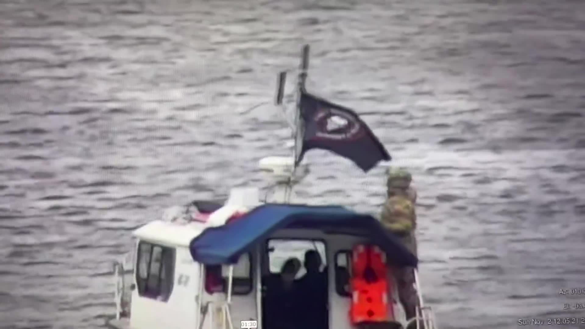 Video published by Ministry of Foreign Affairs of Estonia showing Russian coast guard boat on the border between Estonia and Russia with Wagner PMC flag 