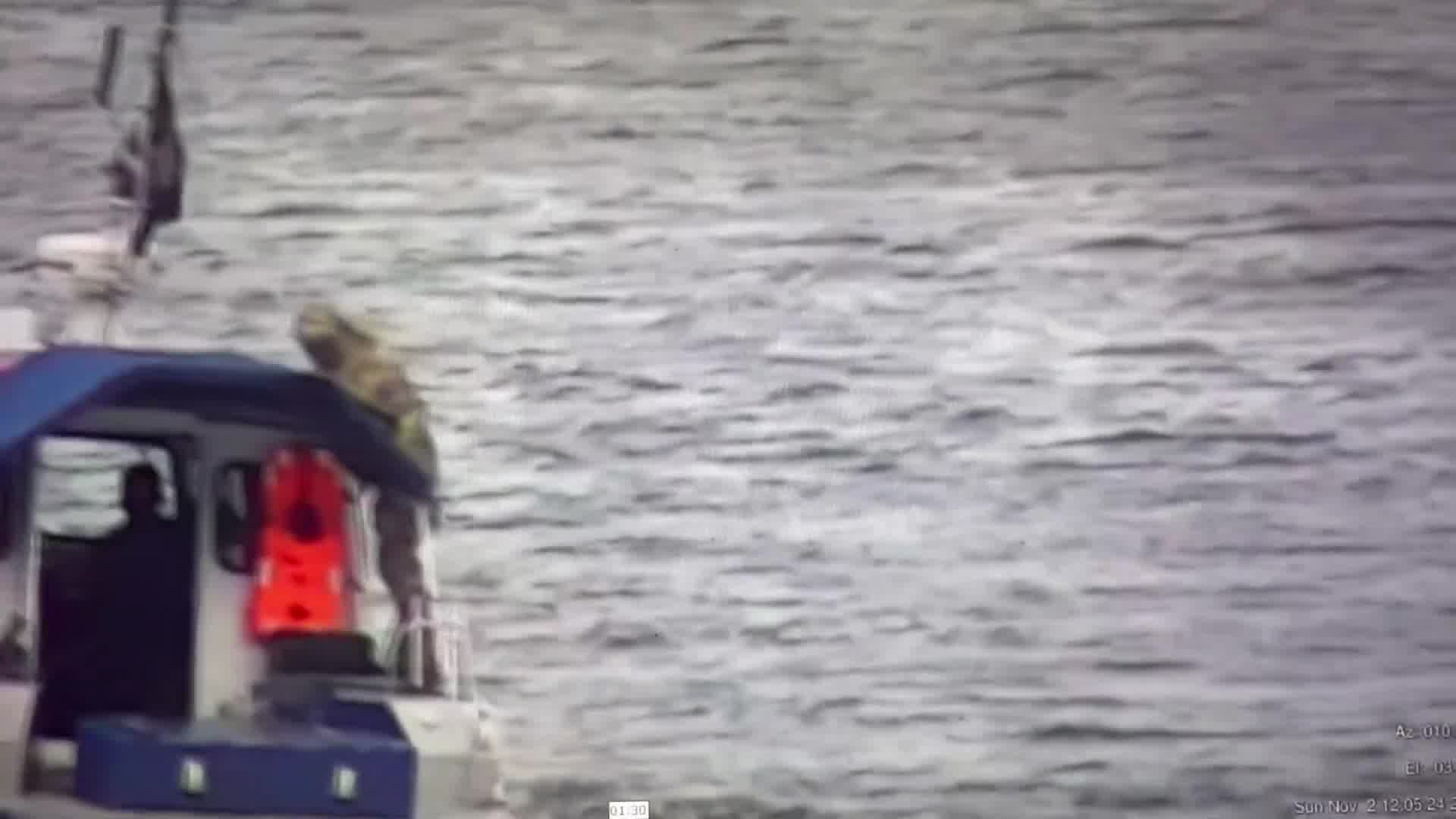 Video published by Ministry of Foreign Affairs of Estonia showing Russian coast guard boat on the border between Estonia and Russia with Wagner PMC flag 