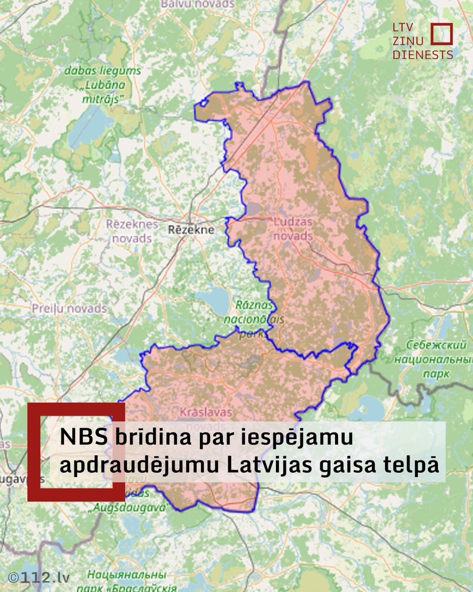 Las Fuerzas Armadas Nacionales de Letonia informan de una posible amenaza en el espacio aéreo letón. Se ha emitido una alerta por radiotelemetría en los municipios de Ludza y Krāslava. Las Fuerzas Armadas Nacionales de Letonia instan a los residentes a permanecer en sus casas, respetar la regla de las dos paredes y cerrar ventanas y puertas. Si observa un objeto sospechoso, peligroso o que vuele a baja altura, no se acerque y llame al 112.
